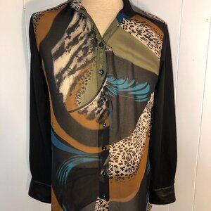 Womens Black Sheer Faux Leather Trimmed Blouse. Medium